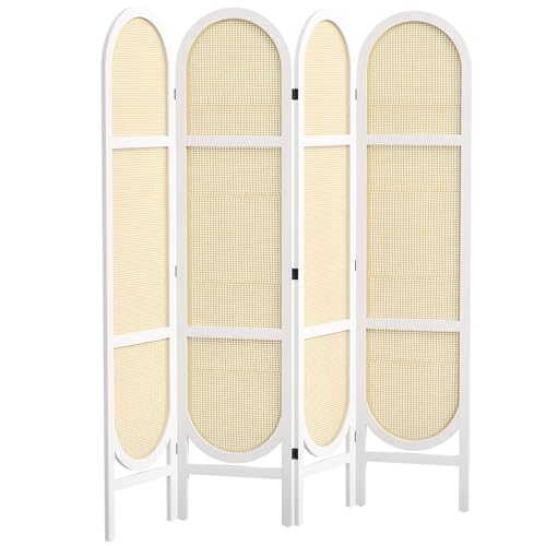 HOMCOM Paravent Interieur en Bois 4 Panneaux 170 x 160 cm séparateur de pièce Pliable et Portable, Motif tissé à la Main, cloison de séparation pour Salon Chambre à Coucher Maison, Blanc