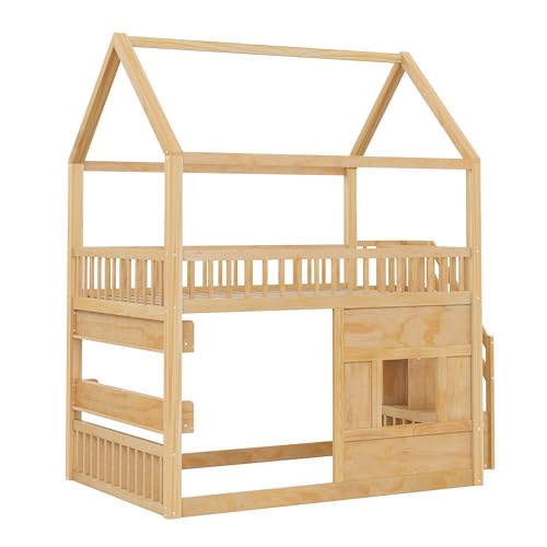 Image of Bellemave Bunk beds Full Over Full with Storage Stairs,Two Placement Methods,House bunk Bed, Pink