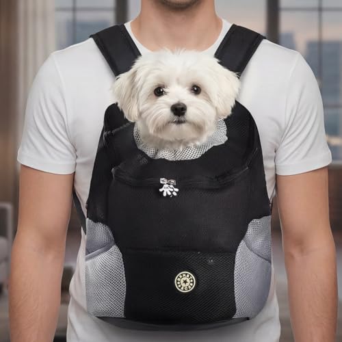 Pomodee Hunderucksack,Haustier Rucksack für kleine Hunde und Katzen bis 6.5 kg,Tragbar Atmungsaktiv mit Head Out Design und Sicherheitsclip,Verstellbar für Outdoor Aktivitäten Wandern Reisen,Schwarz