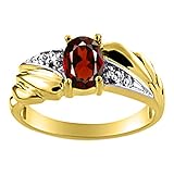 Womens Garnet & Diamond Ring Yellow Gold Plated Silver