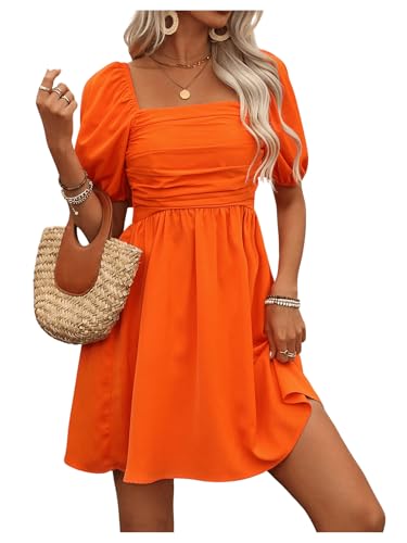 Floerns Women's Puff Short Sleeve Boho Dress Square Neck Summer A Line Dresses