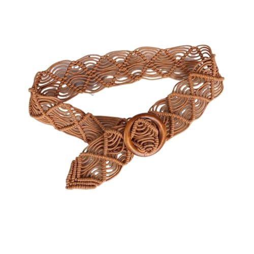 Decorative Belt Rope Hand-woven DIY Beach Dress Waistbands Accessories Belts Braided Belt Women Waist Chain Round Wooden Button(Camel)