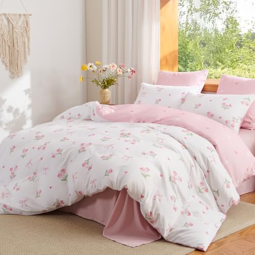 Image of Floral Duvet Cover Twin Size Pink White Flower Reversible Comforter Cover Set Butterfly Bow Heart Soft Breathable Microfiber Bedding Set with Zipper Closure and 1 Pillowcase