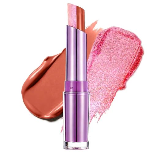 U-Shinein 2-in-1 Lipstick,Long Lasting Lip Tint with Glitter,Smooth Two-Tone Lip Colour,Transfer-Resistant Matte&Shine Lip Stain Wine Brown+Violet Shimmer