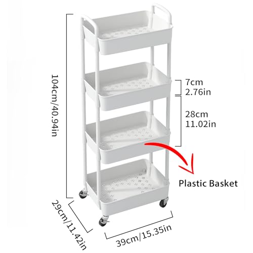 Image of Sywhitta 4-Tier Plastic Rolling Utility Cart with Handle, Multi-Functional Storage Trolley for Office, Living Room, Kitchen, Movable Storage Organizer with Wheels, White (Pack of 2)