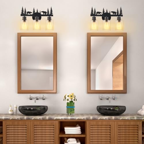 Image of Rustic Bathroom Light Fixtures, 3-Light Farmhouse Vanity Lamp with Bear Design and Clear Glass Shade, Black Wall Lighting for Bathroom, Hallway, Kitchen, Porch