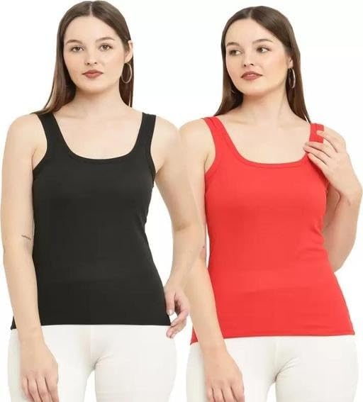Women Cotton Blend Camisole Pack of 2 Black & White Sleeveless Tank Top Spaghetti Strap Inner Vest for Girls & Women-image-27