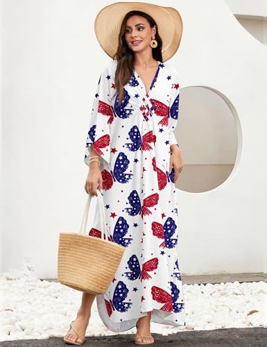 Image of MAKABO Kaftan Dresses for Women, V Neck Moo Moos Colorful Print Cover Ups Caftan Beach Dresses for Swimwear