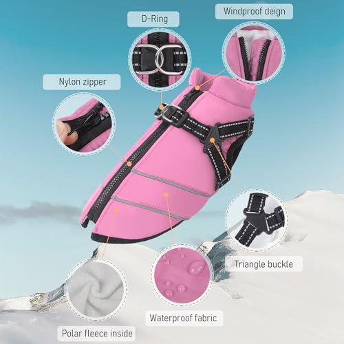 Mitili Warme Hundemantel Wasserdicht mit Geschirr, Reflektierend Hundejacke Winter für Kleine und Mittlere Hunde, Winddichte Hunde Wintermantel, Outdoor Hundeweste (Rosa, M)