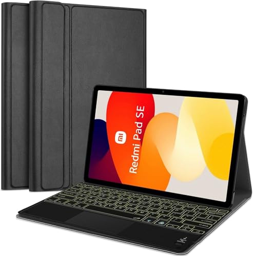 Image of HOM Tri Fold 7-Colour Backlight Detachable Wireless Bluetooth Keyboard with Trackpad /Touchpad & Tablet Cover Case for Redmi Pad SE 11-inch Tablet
