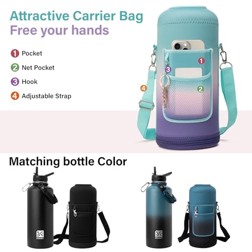 Insulated Water Bottle | Thickened Stainless Steel for Gym and Hiking with Straw, Carrier Bag, Handle Strap | BPA-Free 87 oz