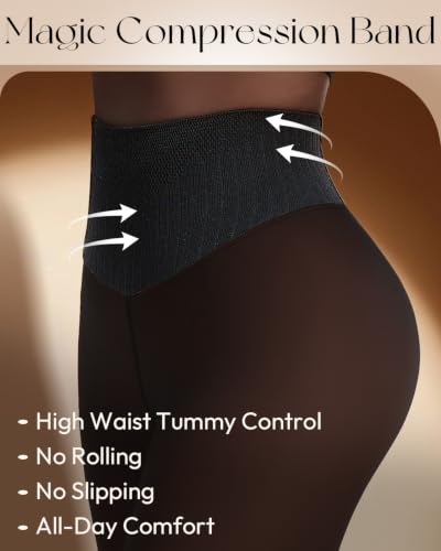 Image of Fleece Lined Tights Women One Line High Waist Warm Sheer Fleece Tights Thick Thermal Pantyhose Winter Black