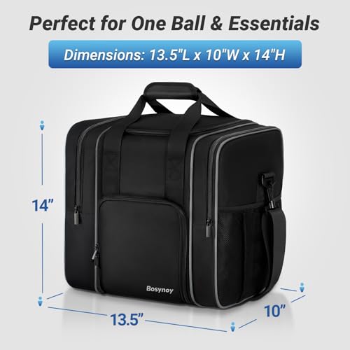 Bosynoy Bowling Ball Bag for Single Ball with Shoe Compartment, 1 Ball Bowling Tote Carrier Fits Shoes Up to Mens Size 14 with Padded Holder & Mutiple Pockets, Black