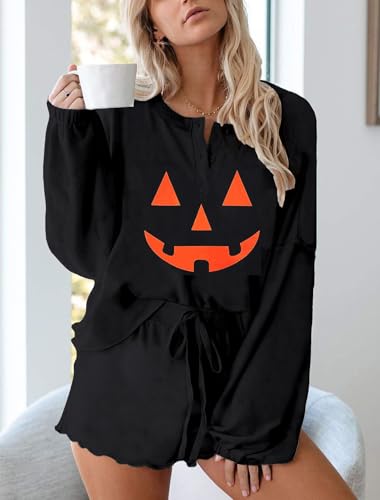 Image of Roshop Halloween Pajama Women's Pumpkin Matching Top & Shorts Loungewear Set
