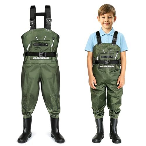 wasserflux Kids Chest Waders with Boots Waterproof PVC Youth Waders with Reflective Strips & Reinforced Knees Lightweight Fishing Waders Green 12/13T