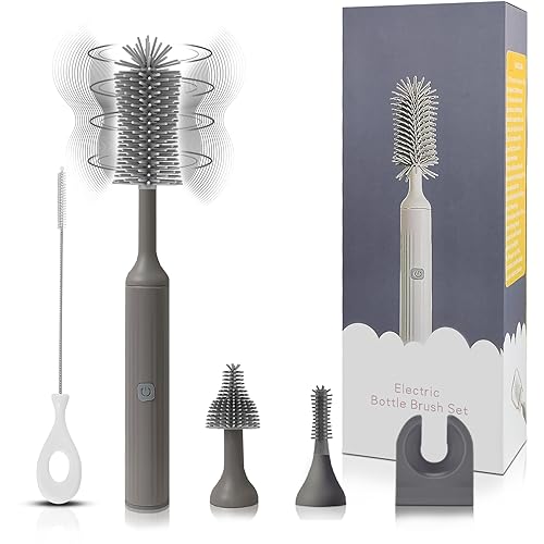 Image of Augensterm Electric Cleaning Brush with USB Rechargeable Electric Bottle Brush Cleaner and 3 Replaceable Silicone Bottle Brushes and Straw Cleaner Brush,Perfect Baby Gifts and Kitchen Brushes(Grey)