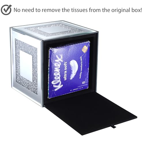 Kokone Luxurious Decorative Silver Square Glass Crystal Crushed Diamond Tissue Box Holder for Bathroom Bedroom Living Room Kitchen Table Desk Office Decor