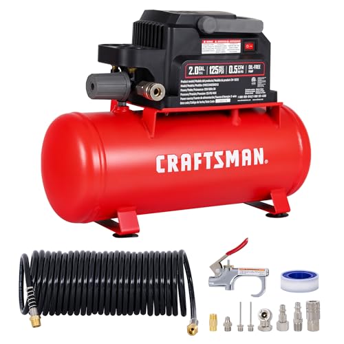Craftsman 2 Gallon Portable Air Compressor 1/3 HP 125 PSI Max Oil-Free Air Compressor with 11 Piece Accessory Kit Compact Hot Dog Tank for Home DIY Tire Inflation Nailing CMXECXA0200243A