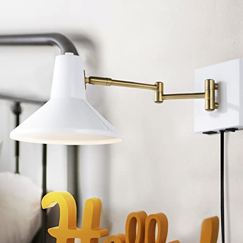 Image of JONATHAN Y 16 inch White /Brass Gold 1-Light Modern Swing Arm Sconce with USB Port, Plug-in Midcentury LED Bedside Lamp with White Iron Shade for Bedroom Living Room JYL1302A