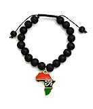 CBC Crown Pan African Colored Africa Map Continent Charm with Egyptian Symbols Adjustable Wooden Bead Bracelet (#48 10mm Black)