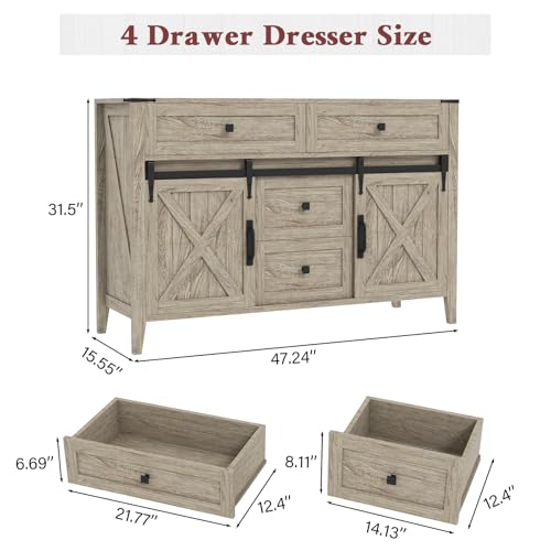 GlouMod Farmhouse Dresser for Bedroom, 47 Inch Sliding Barn Door Wood Texture Rustic Chest of Drawers 4 Drawers Dresser TV Stand for Bedroom, Driftwood Gray - Image 2