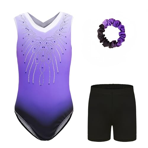 Wuchxiaen Gymnastics Leotards for Girls Set, Three-Piece Leotard with Shorts Hairband, Gradient Dance Unitards Biketards Outfit (Deep Purple, Tag 8A(7-8 Years))