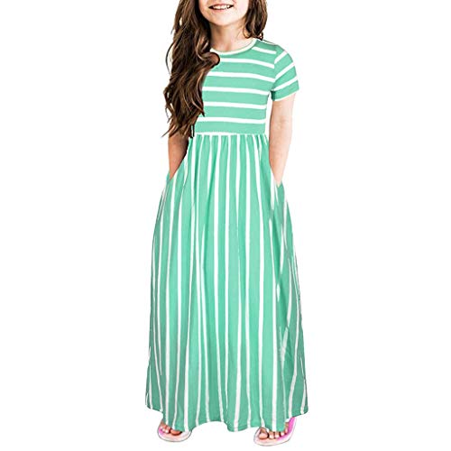 Girl's Short Sleeve Stripe Print Loose Casual Long Maxi Dress with Pockets Toddler Girls Sundress (Green, 11-12 Years)