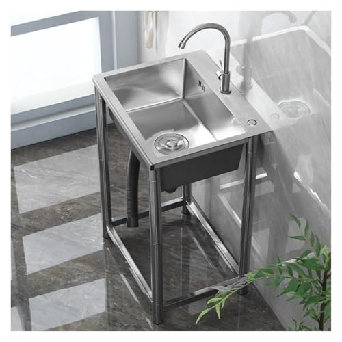 JYHHGDS Fregadero de Cocina de Acero Inoxidable, Fregadero Comercial con Grifo, Fregadero Independiente de un Solo Seno, Fregadero para lavandería para Interiores y Exteriores.
