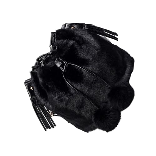 Paquet à bandoulière duveteux noir pour femme, grand sac seau élégant en polyester à cordon