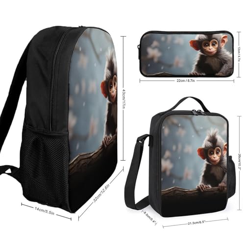 Cute Monkey Backpack Set Lightweight Bag Lunch Box Pencil Bags for Women Men Bookbags 3 in 12