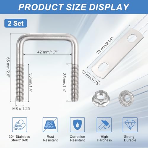 uxcell 2 Set M8 1-3/4 Inch Inner Wide Square U Bolts, 2-9/16 Inch Length 304 Stainless Steel U-Bolts with Flange Hexagon Nuts, Frame Plates for Trailer, Automotive, (42mm W x 65mm L) by uxcell - Used condition - Image 2