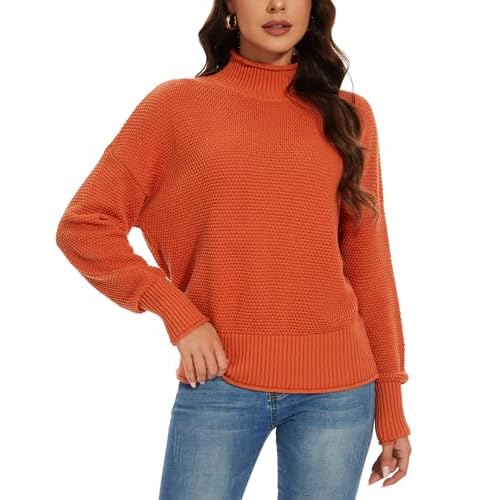 Women's 100% Cotton Turtleneck Oversized Sweaters 2024 Loose Long Sleeve Pullover Batwing Knit Jumper Orange Small