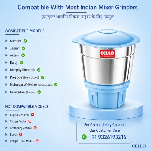 Image of CELLO Stainless Steel Chutney Jar 400ml for Mixer Grinder | Leak-Proof Lid | Food-Grade SS Body | 4 Teeth Compatible | Heavy Duty Grinding Jar for Chutney, Masala & Spices (Sky Blue)
