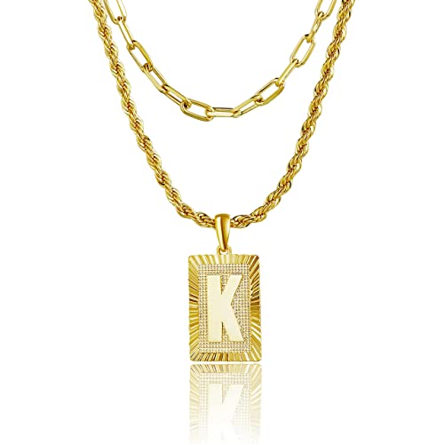 Tasiso 14K Gold Layered Initial Pendant Necklace Layering Paperclip Chain Choker Necklace For Women Dainty Square A-Z Alphabet Letter Necklace Jewelry Gifts K #TOP4