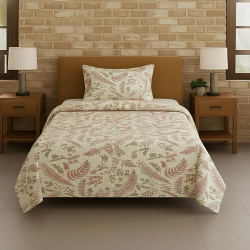 Image of Trance Home Linen 100% Cotton 144TC Elastic Fitted Bedsheet | Printed Single Size Bed Elasticated Fitted Bedspread with 1 Pillow Cover (72x30 inch, Foliage Peach)
