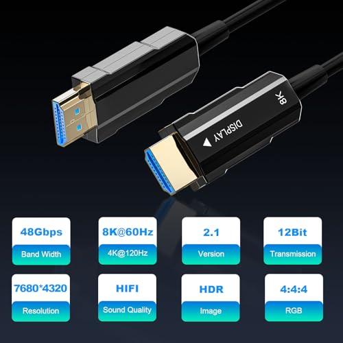 Image of 8K HDMI 2.1 Cable 75ft, Long Fiber Optic HDMI Cable, Ultra High Speed Thin HDMI Cord, 48Gbps, 8K@60Hz 4K@120Hz, Dynamic HDR, Dolby, HDCP 2.2&2.3, 3D, for HDTV Monitor Game Laptop Home Theatre