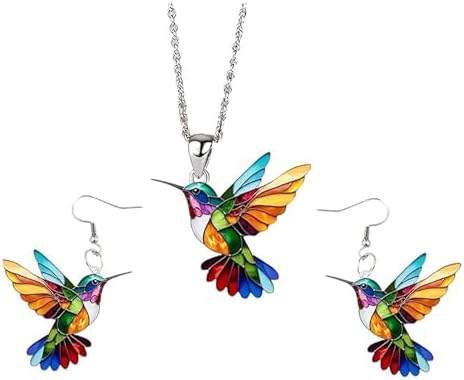 Hummingbird Necklace Hummingbird Earrings Set Hummingbird Dangling Earrings Colorful Bird Pendant Necklaces Cute Animal Trendy Bird Necklace for Women Jewelry image 2