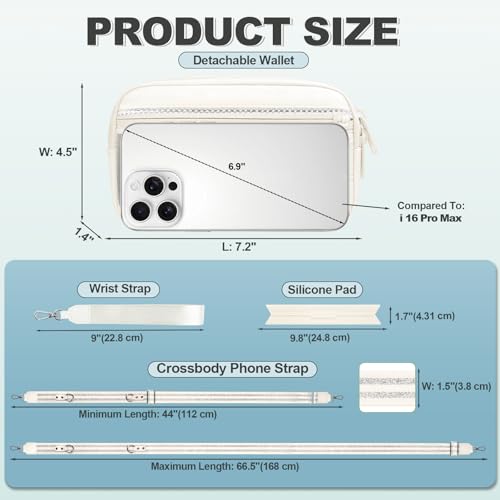 Image of YFWE Clip and Go Strap for Phone with Wallet Crossbody, Adjustable Phone Lanyard with Detachable RFID Wristlet Wallet, Pattern Strap - Cream&Silver (L)