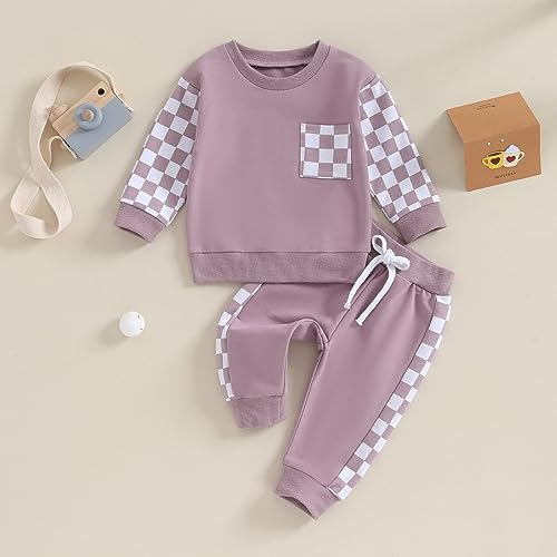 Fall Winter Toddler Baby Girl Boy Clothes Long Sleeve Crewneck Sweatsirt Checkered Jogger Pants 2Pcs Sweatsuit Set2
