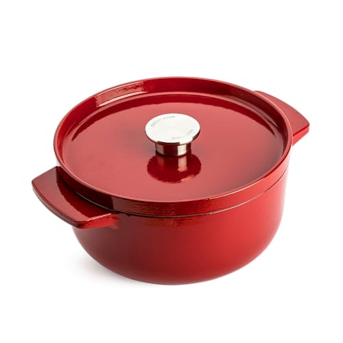 KitchenAid Cast Iron Cocotte en Fonte Émaillée avec Couvercle, Ø 22cm, Ronde, 3,3L, 4,5kg, Haute Qualité & Durable, Saisir, Frire, Sans PFAS, Induction,Poignée Ergonomique,Au four à 260°C,Rouge Empire