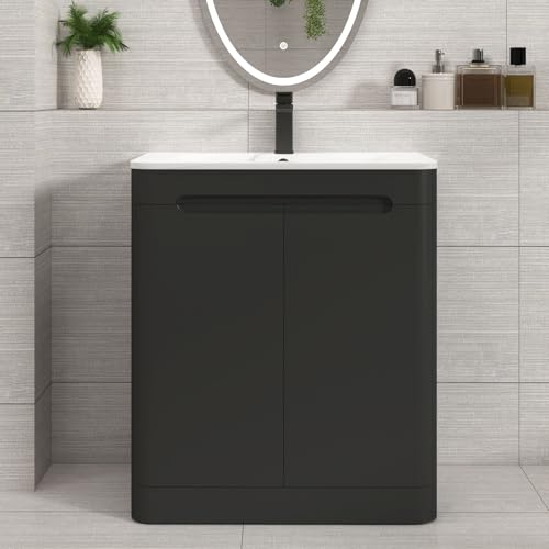 Venice 700mm Floor Standing Bathroom Vanity Unit With Carrara White Wash Basin, Soft Close 2 Doors Storage Cabinets, Bathroom Sink with 1 Tap Hole, Matt Nocturne Black