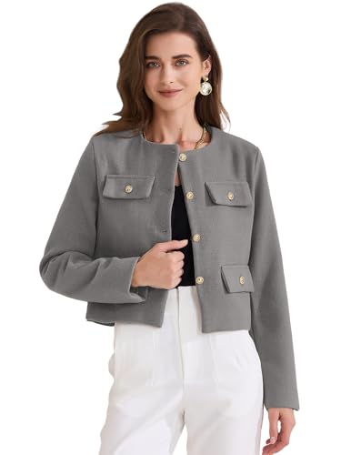 Allegra K Women's Cropped Blazer Jacket Long Sleeve Button Down Spring Fall Work Business Tweed Blazers