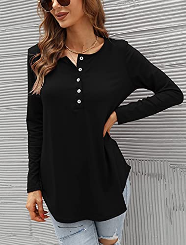 Odosalii-Damen-Tunika-Langarm-Longshirt-V-Ausschnitt-Knopfleiste-Bluse-Tops-Lockere-Blusen-Oberteile