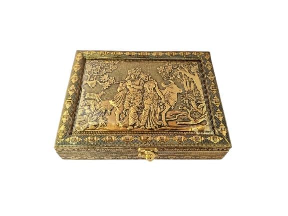 Radhe Krishna Gold-Plated Dry Fruit Box | Traditional Tambul Box Sauf Supari Box 4 Section Empty Dry Fruits Storage Box Oxidized Decorative Sweets Mukhwas Sopari Gift Box-image-41