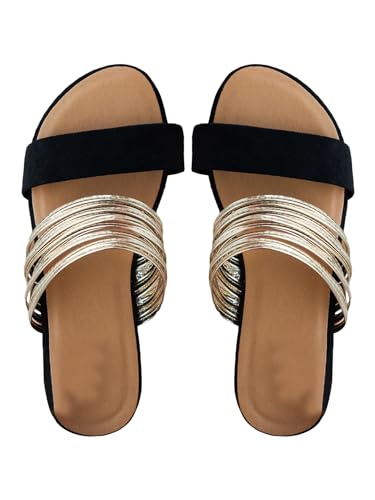 Verdusa Women's Metallic Strappy Flat Sandals Summer Slide Sandals Casual Shoes