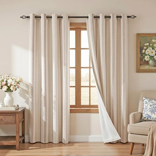 Image of MYSKY HOME Farmhouse Taupe Striped Curtains 100% Blackout for Bedroom 84 Inches Long Tan Ticking Stripe Pinstripe Rustic Linen Blended with Blackout Layer Drapes, Grommet, 2 Panels, 52 inch Wide