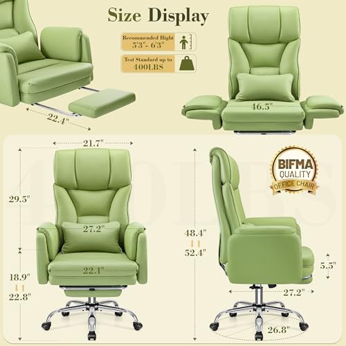Image of Big and Tall Office Chair, 400LBS Wide Leather Gaming Chair with Footrest, High Back Executive Chair, Reversible Armrest for Pets, 135 Reclining Cross Legged Chair with Lumbar Support(Avocado Green)