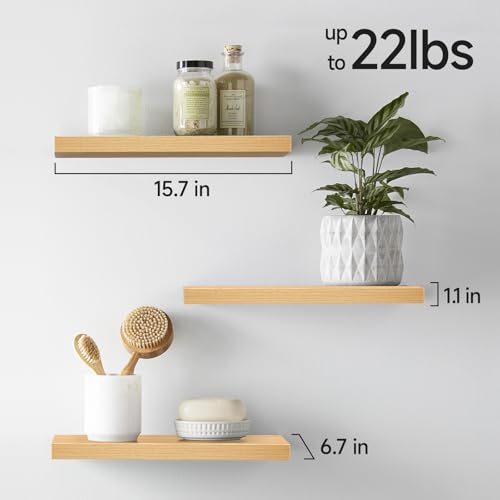 Image of BAYKA Floating Shelves for Wall, Wall Mounted Rustic Wood Shelves for Bathroom, Bedroom, Living Room, Kitchen,Small Hanging Shelf for Books /Storage /Room Decor (Light Oak-Toned, Set of 3, 15.7in)