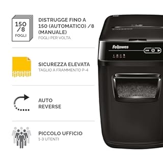 Fellowes distruggi documenti automatico a frammento 150C, 150 fogli, per piccolo ufficio, da 1 a 3 utenti, distruggidocumenti silenzioso con retromarcia automatica e modalità riposo, nero