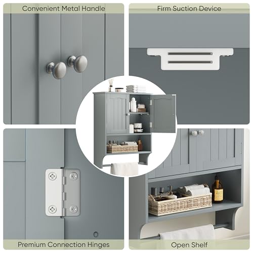 Smuxee-Grey-Bathroom-Cabinet-Wall-Mounted-with-Towels-Bar-Bathroom-Medicine-Cabinet-with-2-Door-Adjustable-Shelves-Over-Toilet-Cabinet-for-Bathroom-Laundry-Room-Kitchen Smuxee Grey Bathroom Cabinet Wall Mounted with Towels Bar Bathroom Medicine Cabinet with 2 Door Adjustable Shelves Over Toilet Cabinet for Bathroom Laundry Room Kitchen